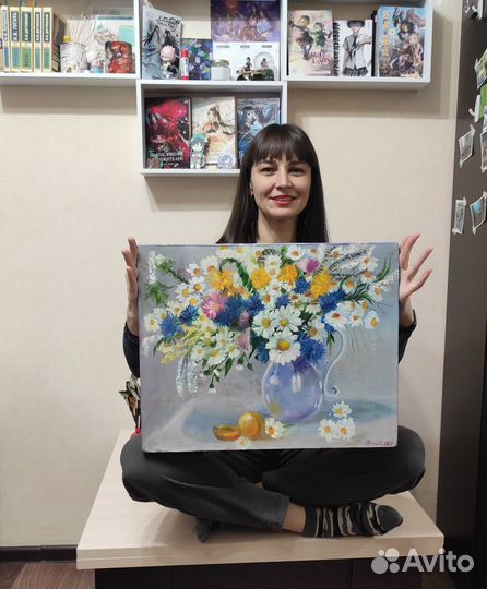 Картина маслом натюрморт с полевыми цветами, яркий