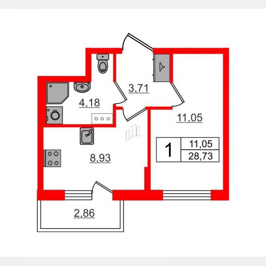 1-к. квартира, 28,7 м², 4/4 эт.