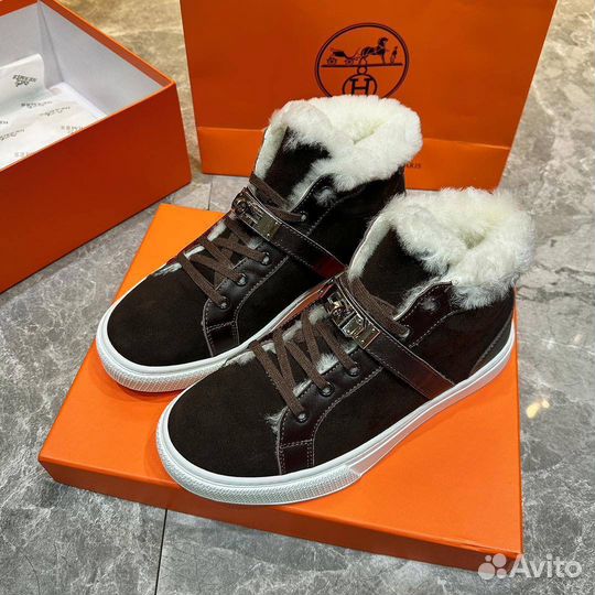 Кроссовки мужские зимние Hermes brown suede