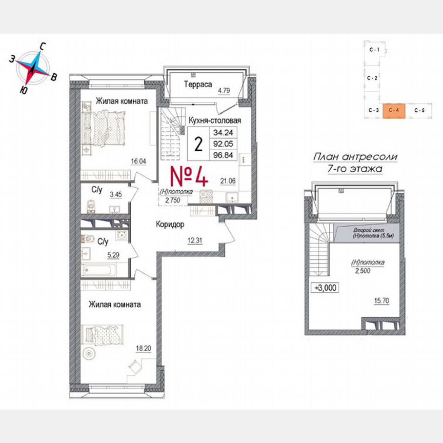 2-к. квартира, 98,3 м², 7/7 эт.
