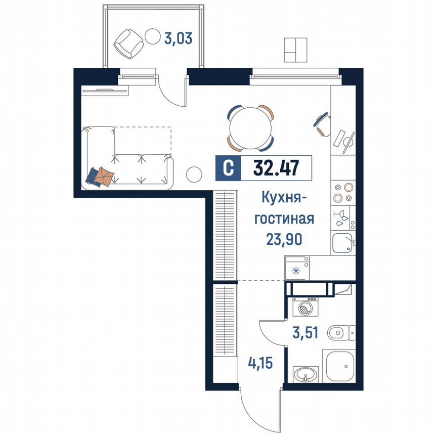 Квартира-студия, 32,5 м², 6/18 эт.