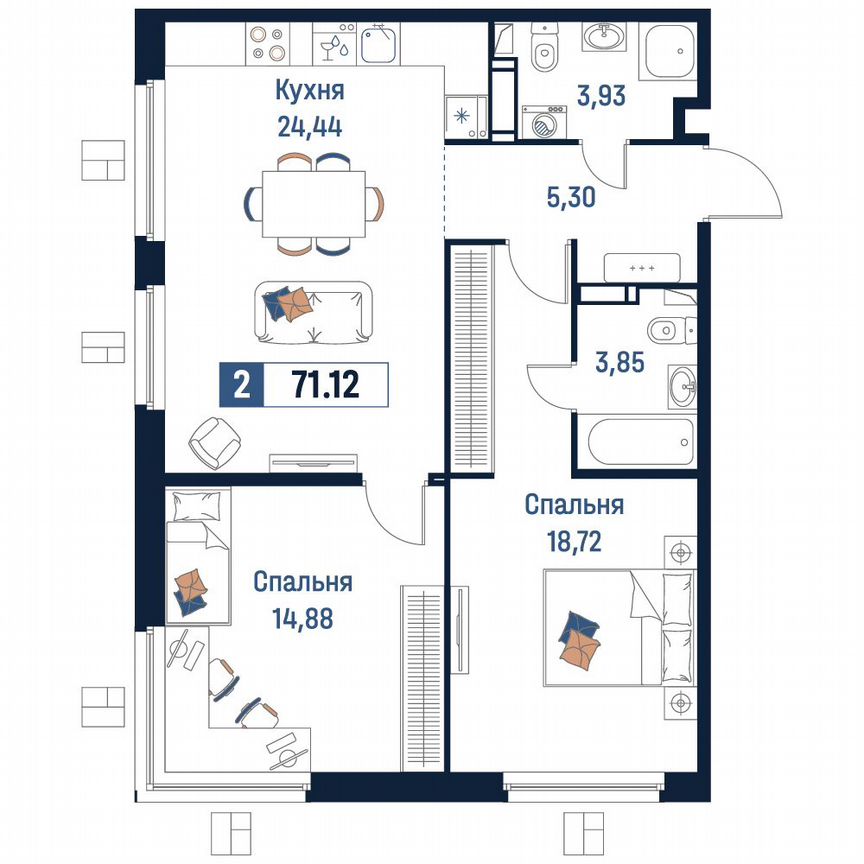 2-к. квартира, 71,1 м², 6/18 эт.