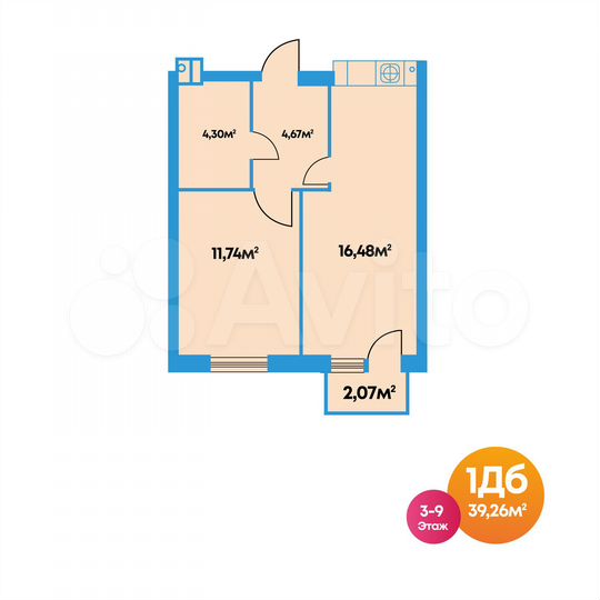 1-к. квартира, 39,3 м², 9/10 эт.