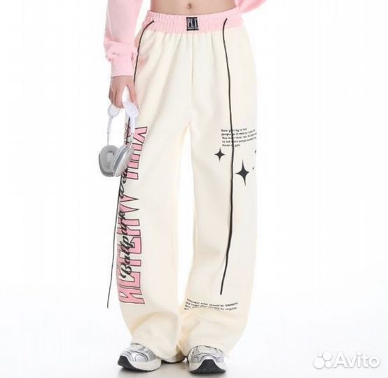 Спортивные штаны молочные с розовым y2k