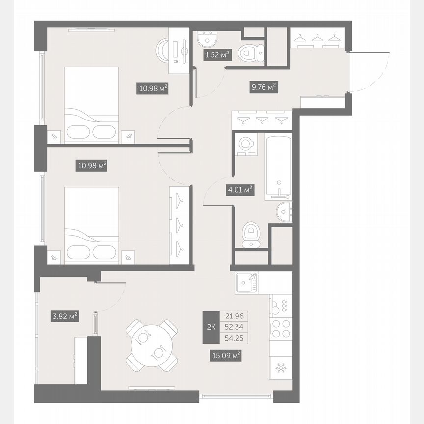 2-к. квартира, 54,3 м², 9/10 эт.