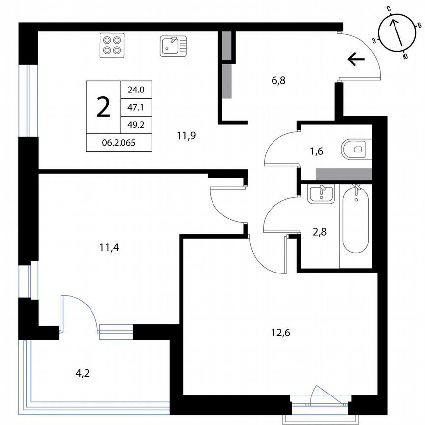 2-к. квартира, 49,2 м², 3/3 эт.
