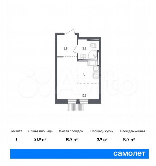 Квартира-студия, 21,9 м², 8/10 эт.