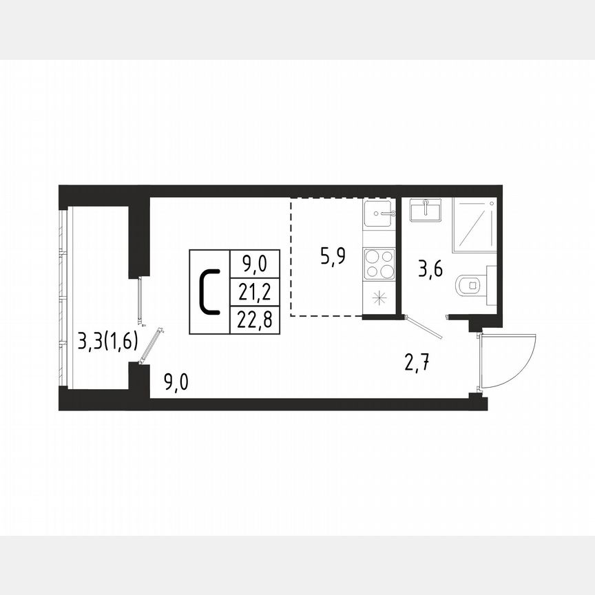 Квартира-студия, 22,8 м², 2/10 эт.