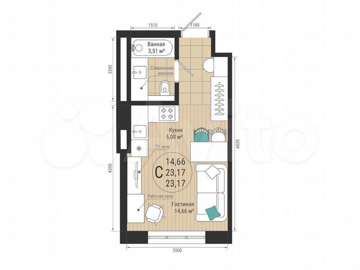 Квартира-студия, 23,2 м², 17/27 эт.