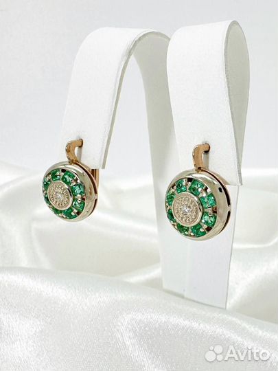 Золотые серьги с бриллиантами, изумруд 585 / 7.09