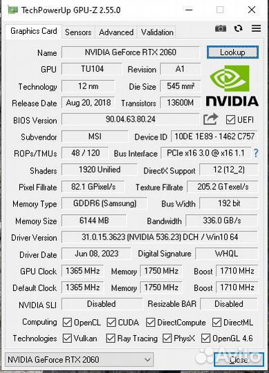 MSI geforce RTX 2060 ventus 6g