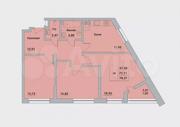 3-к. квартира, 79,3 м², 13/15 эт.