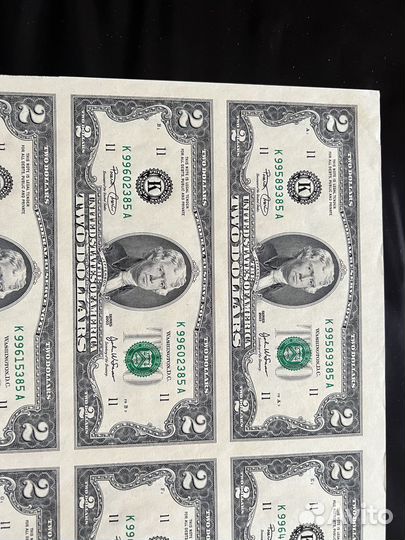 Лист 2 долларовых купюр 2003 год 32 шт