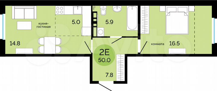2-к. квартира, 50 м², 4/17 эт.