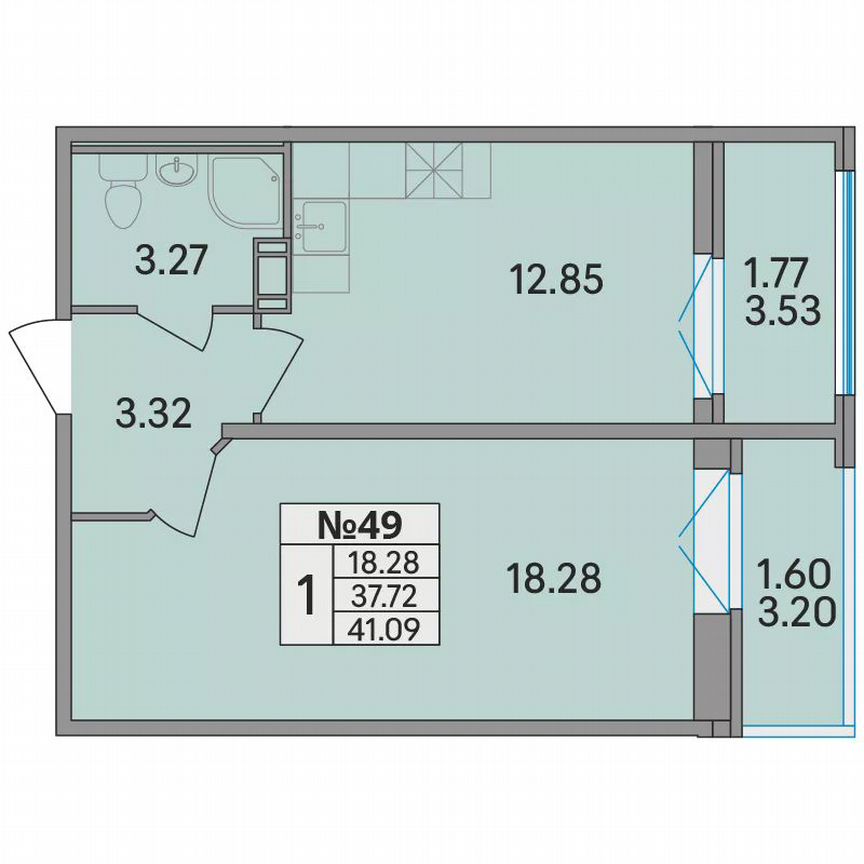 1-к. квартира, 41,1 м², 4/8 эт.