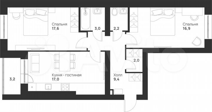 2-к. квартира, 71,3 м², 2/5 эт.