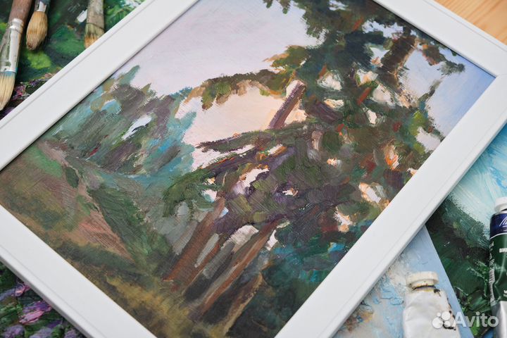 Картина масло на картоне вечерний лес 20*30