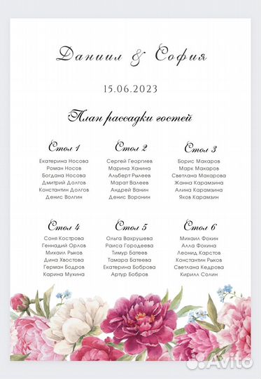 План рассадки гостей на любое торжество, свадьбу