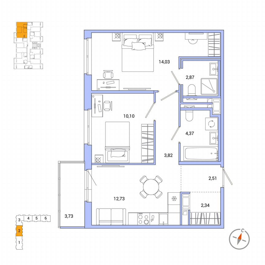 2-к. квартира, 53,9 м², 5/7 эт.
