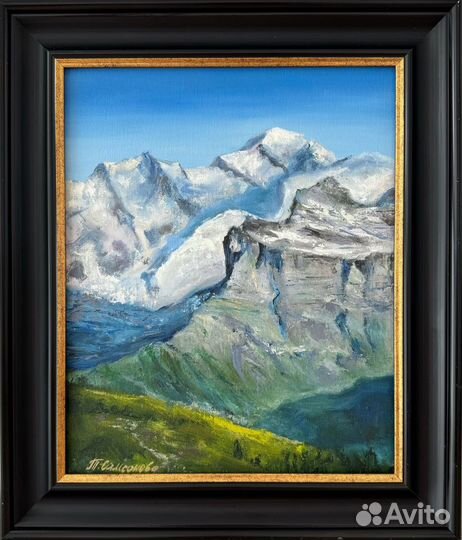 Картина маслом «Солнце в горах», в раме