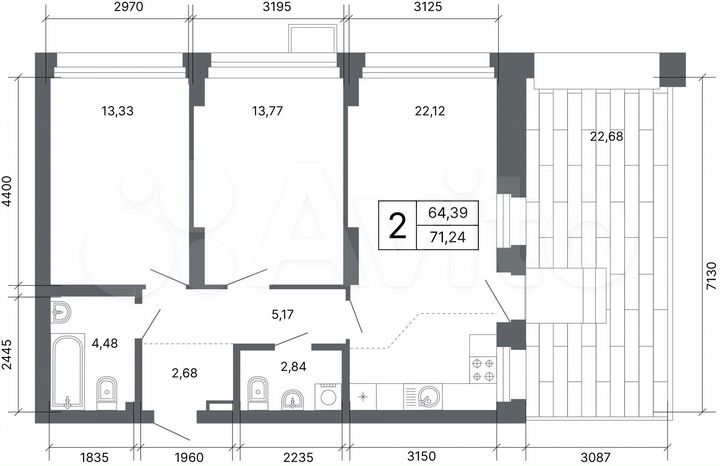 2-к. квартира, 71,1 м², 20/24 эт.