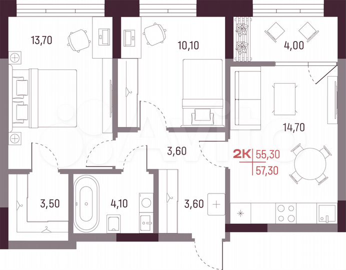 2-к. квартира, 55,3 м², 7/25 эт.