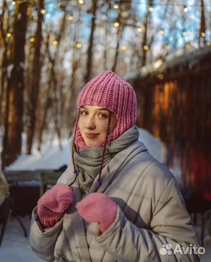 Балаклава и варежки вязаные розовые