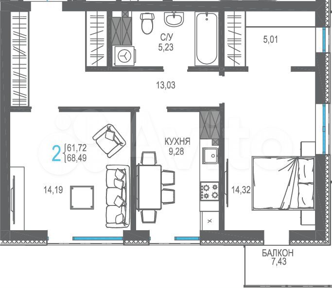 2-к. квартира, 68,5 м², 10/16 эт.