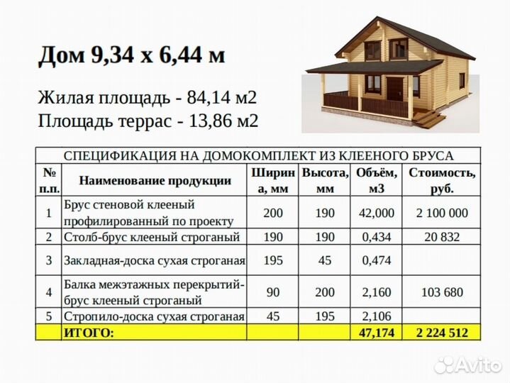 Домокомплекты из бруса (клееного) 6,44х9,34 м