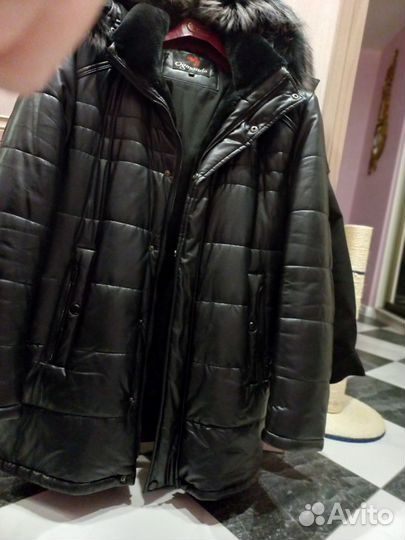Куртка кожаная мужская зимняя с капюшоном