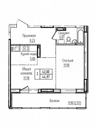 2-к. квартира, 45 м², 9/17 эт.