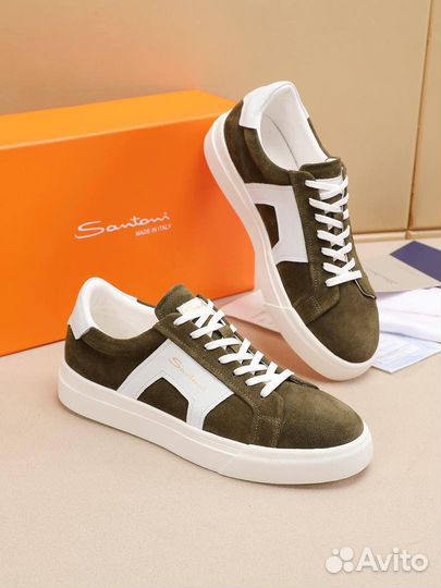 Мужские кеды Santoni натуральная замша зелёные