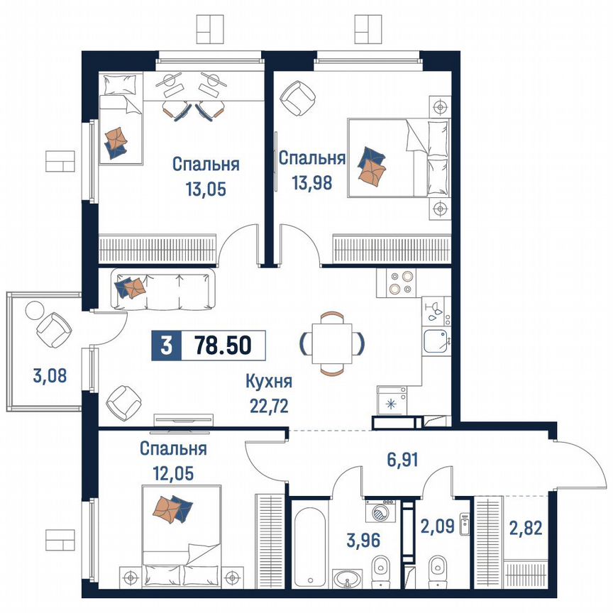 3-к. квартира, 78,5 м², 6/18 эт.