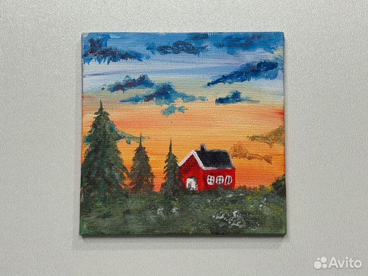 Картина в подарок акрилом, 10 см, пейзаж с домом