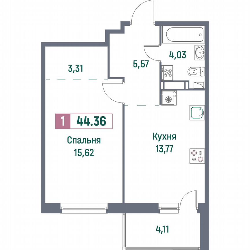 1-к. квартира, 44,4 м², 16/16 эт.