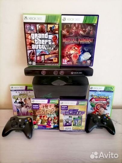 X BOX 360E:500GB, 2-Геймпада+Kinect сенсор+6игр