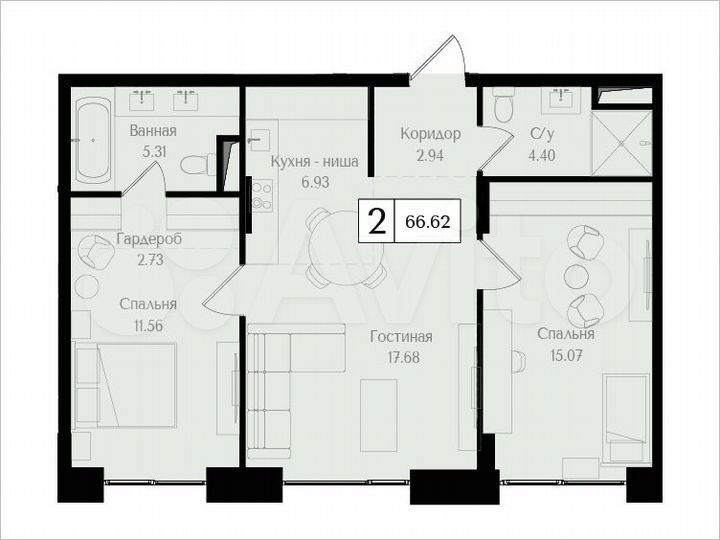 2-к. квартира, 66,6 м², 2/17 эт.