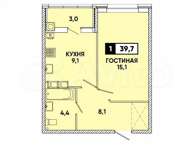 1-к. квартира, 40 м², 4/12 эт.