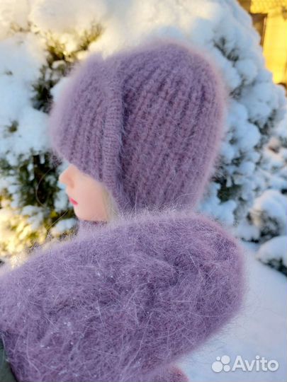 Шапка ушанка вязаная из пуха норки Варежки Снуд