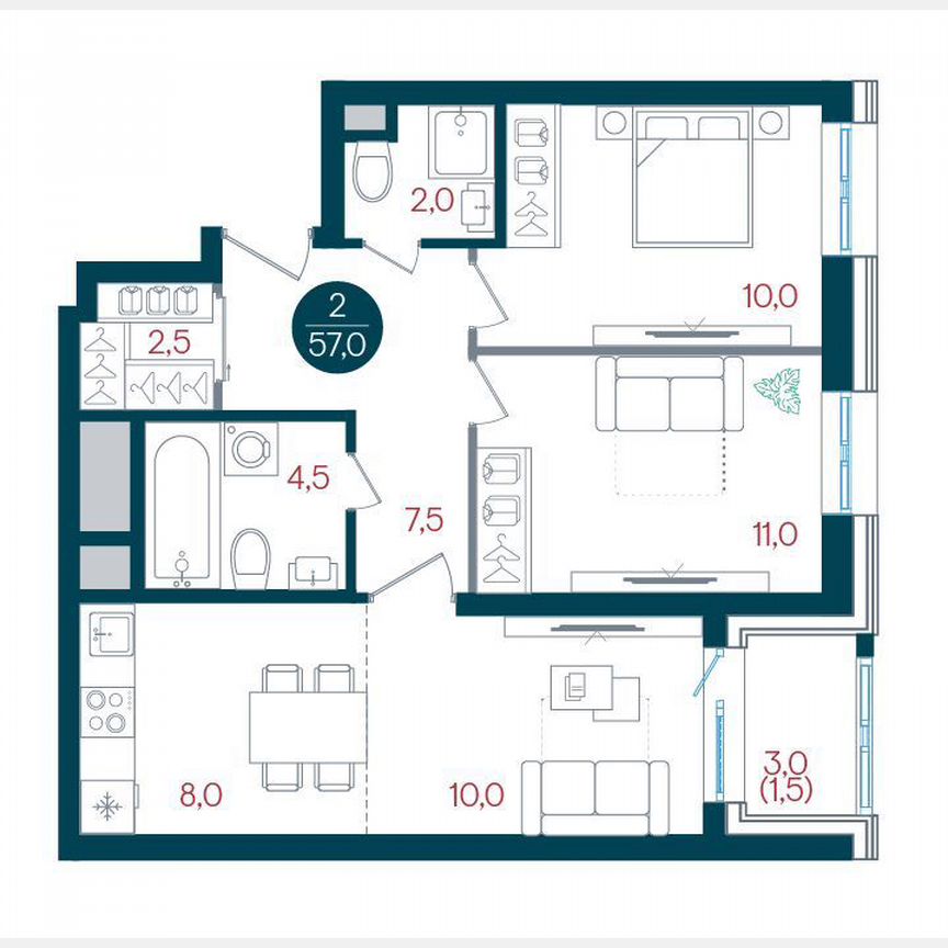 2-к. квартира, 57 м², 4/32 эт.