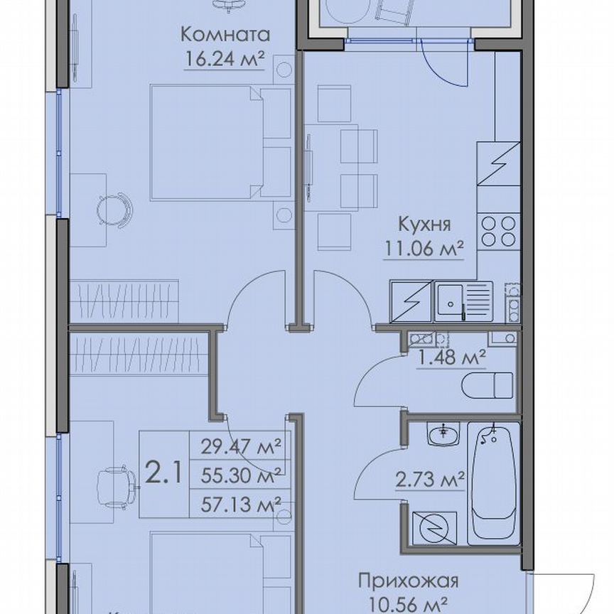 2-к. квартира, 57,1 м², 3/3 эт.