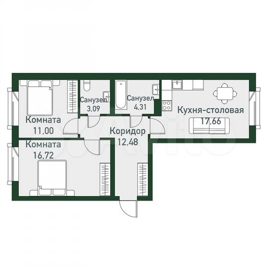 2-к. квартира, 65,3 м², 2/3 эт.