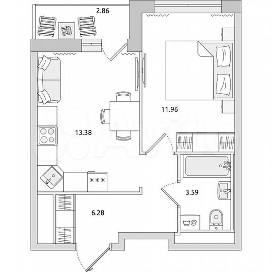 1-к. квартира, 38,1 м², 12/21 эт.