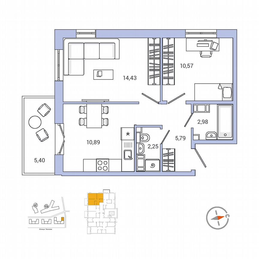 2-к. квартира, 48,7 м², 1/9 эт.