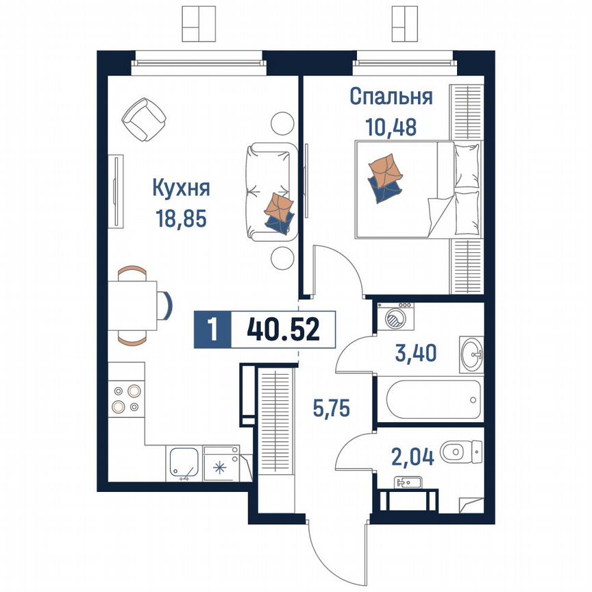 1-к. квартира, 40,5 м², 8/18 эт.