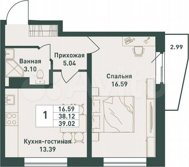 1-к. квартира, 39 м², 5/16 эт.