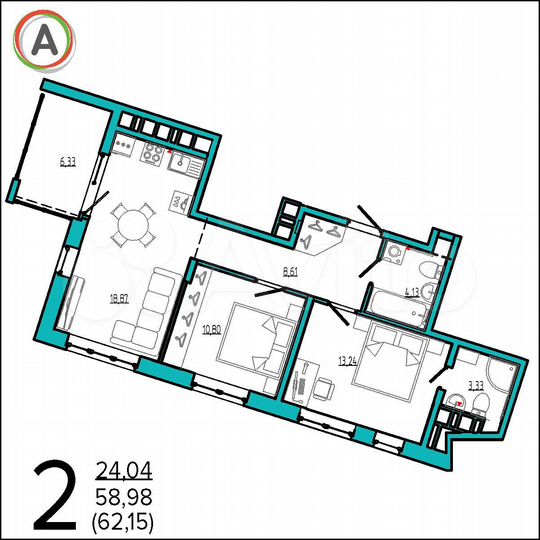 2-к. квартира, 62,2 м², 7/16 эт.