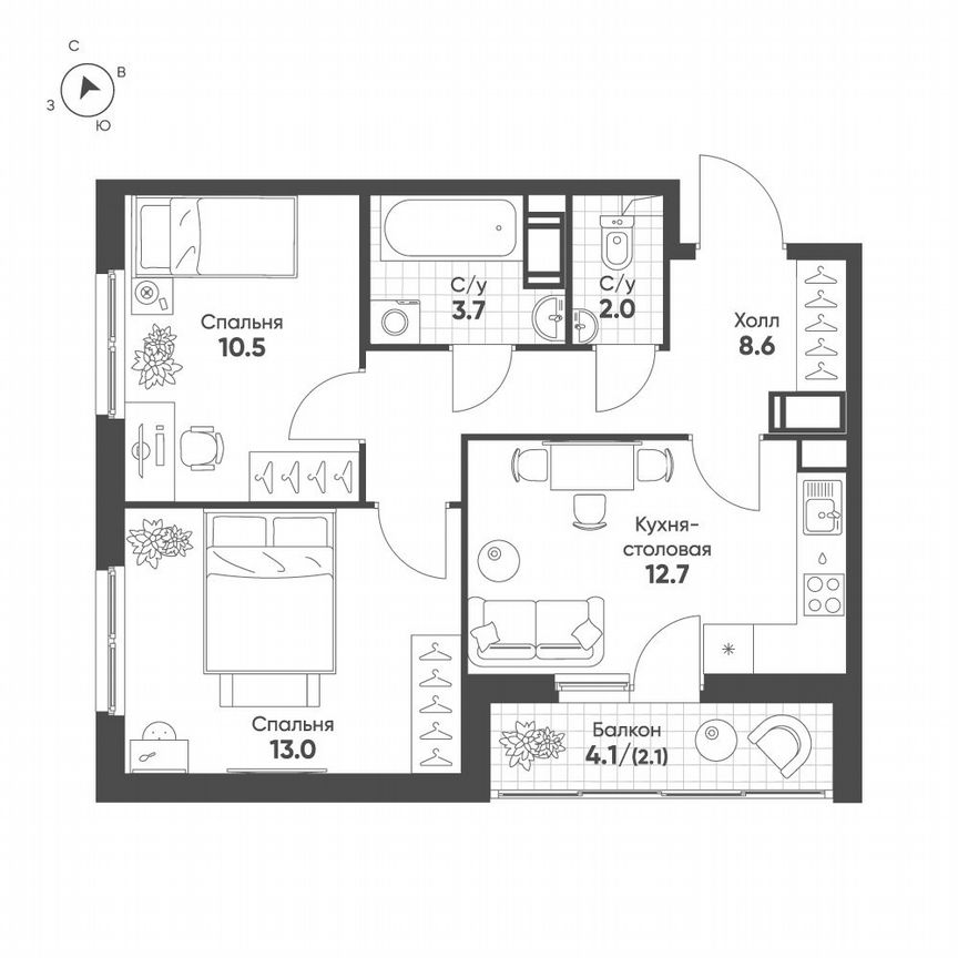 2-к. квартира, 52,6 м², 11/12 эт.