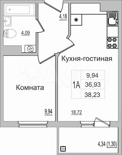 1-к. квартира, 38,2 м², 5/9 эт.