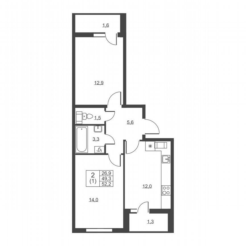 2-к. квартира, 52,2 м², 5/8 эт.